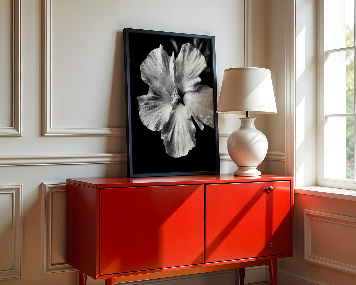 Dew-Kissed Hibiscus - Black and White Poster Print | Monochrome Wall Art | Digital Download or Physical Print