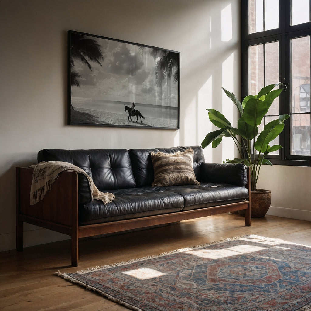 Living room with black leather sofa, framed coastal cowgirl artwork, and large window