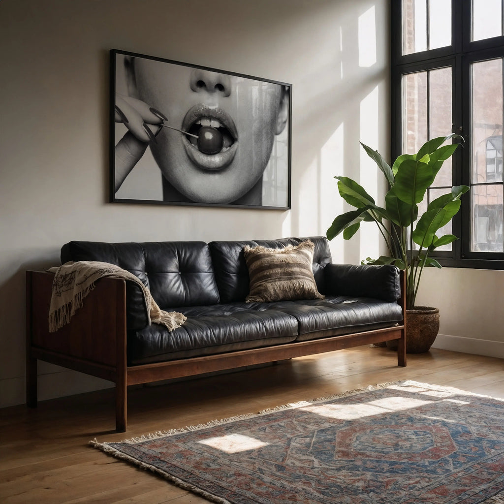 A mid-century modern black leather sofa with a wooden frame, styled in a bright living room with a large black and white framed art print on the wall, a potted plant, and a patterned rug.