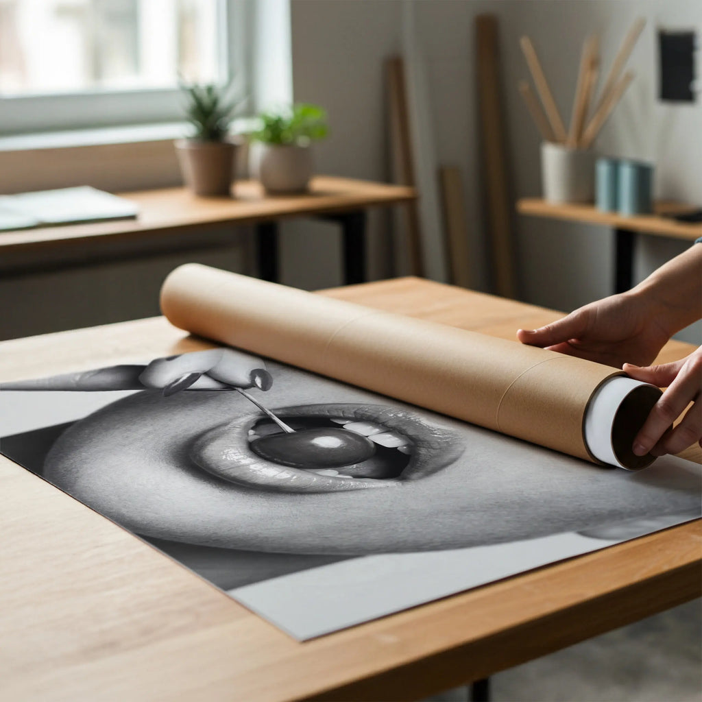 A person's hands are shown unrolling a large black and white art print Cherry Bomb 