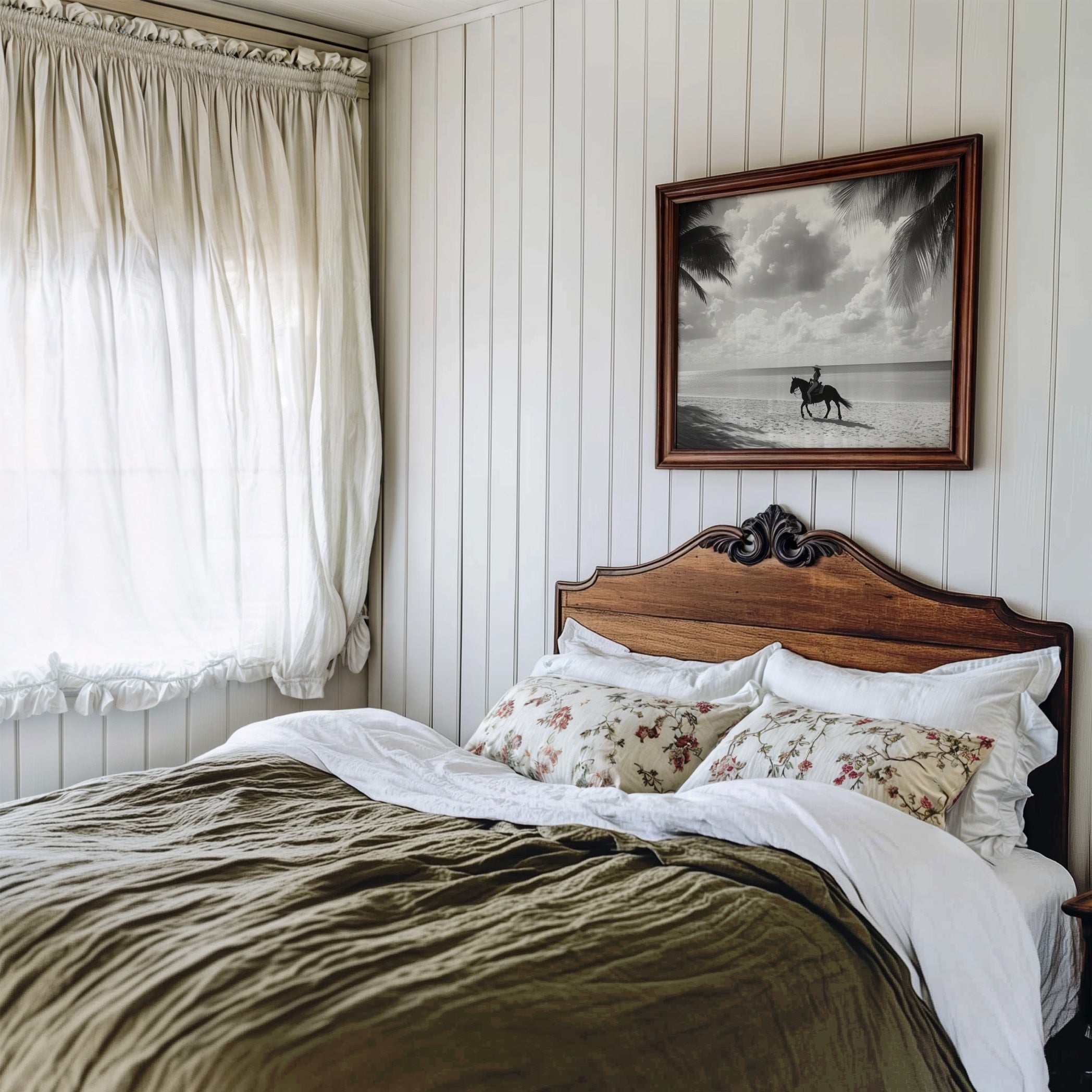 Bedroom with wooden headboard, floral pillows, and coastal cowgirl framed artwork on the wall.