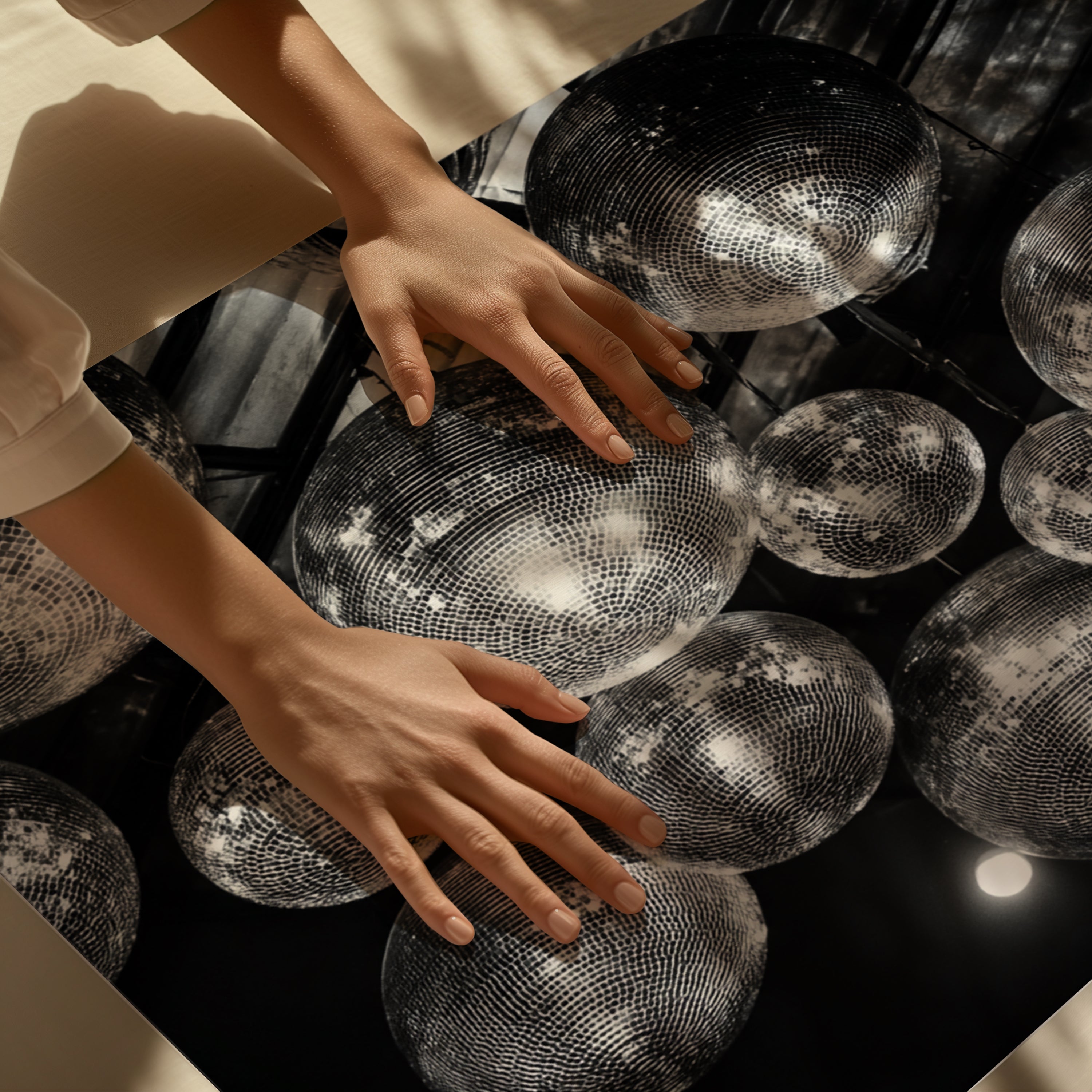 persons hands touching disco party poster print