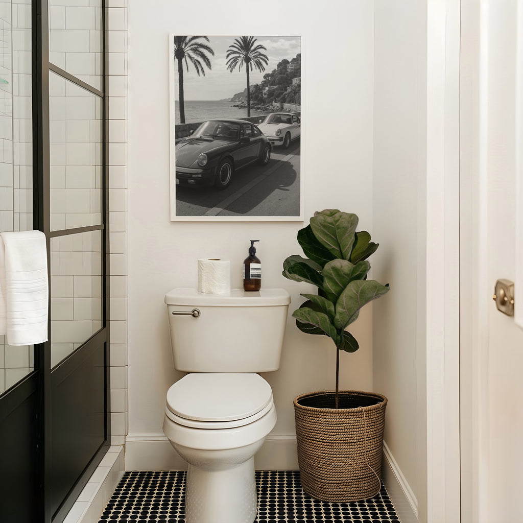 Bathroom with a toilet, plant, and framed French Rivera on the wall.