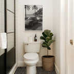 Bathroom with a toilet, plant, and framed French Rivera on the wall.
