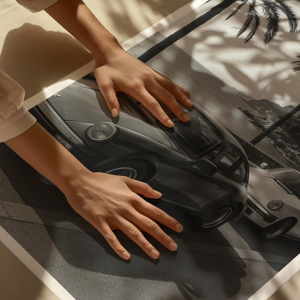 Person touching black and white French Rivera wall art print