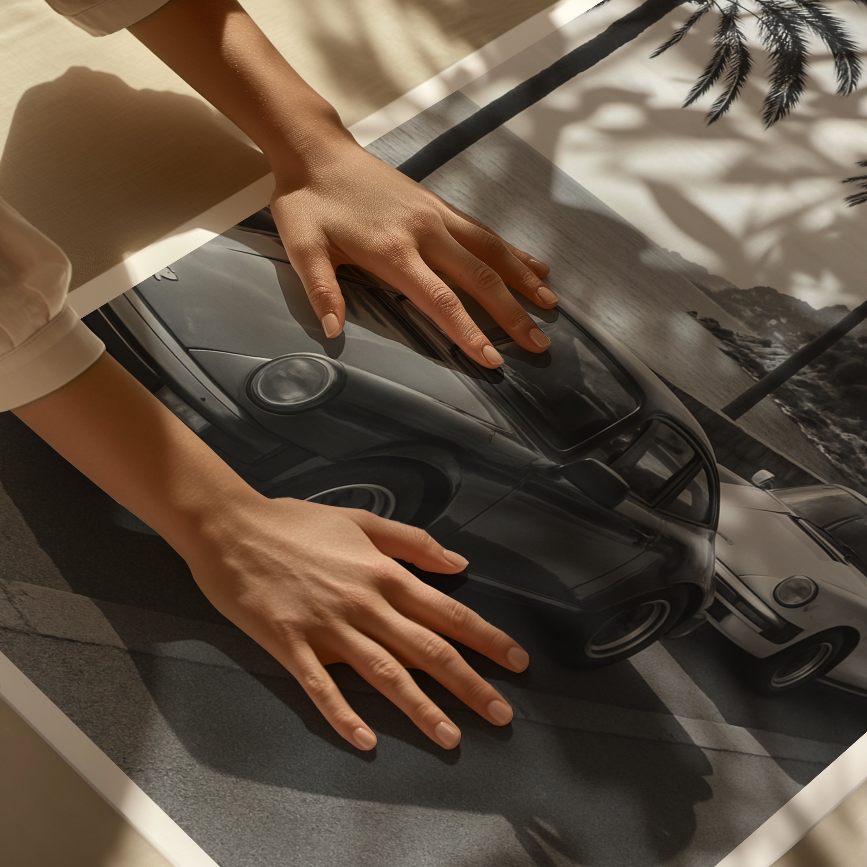 Person touching black and white French Rivera wall art print