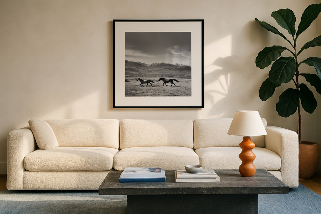 Square frame black and white wall art hanging above chic white couch in modern living room