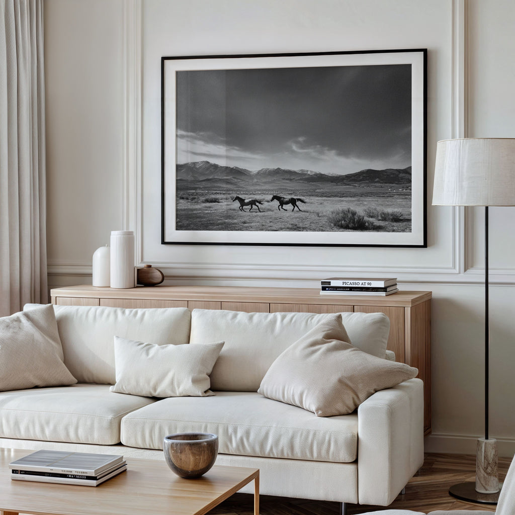 Living room with a white sofa, wooden coffee table, and large framed black and white landscape print on the wall.
