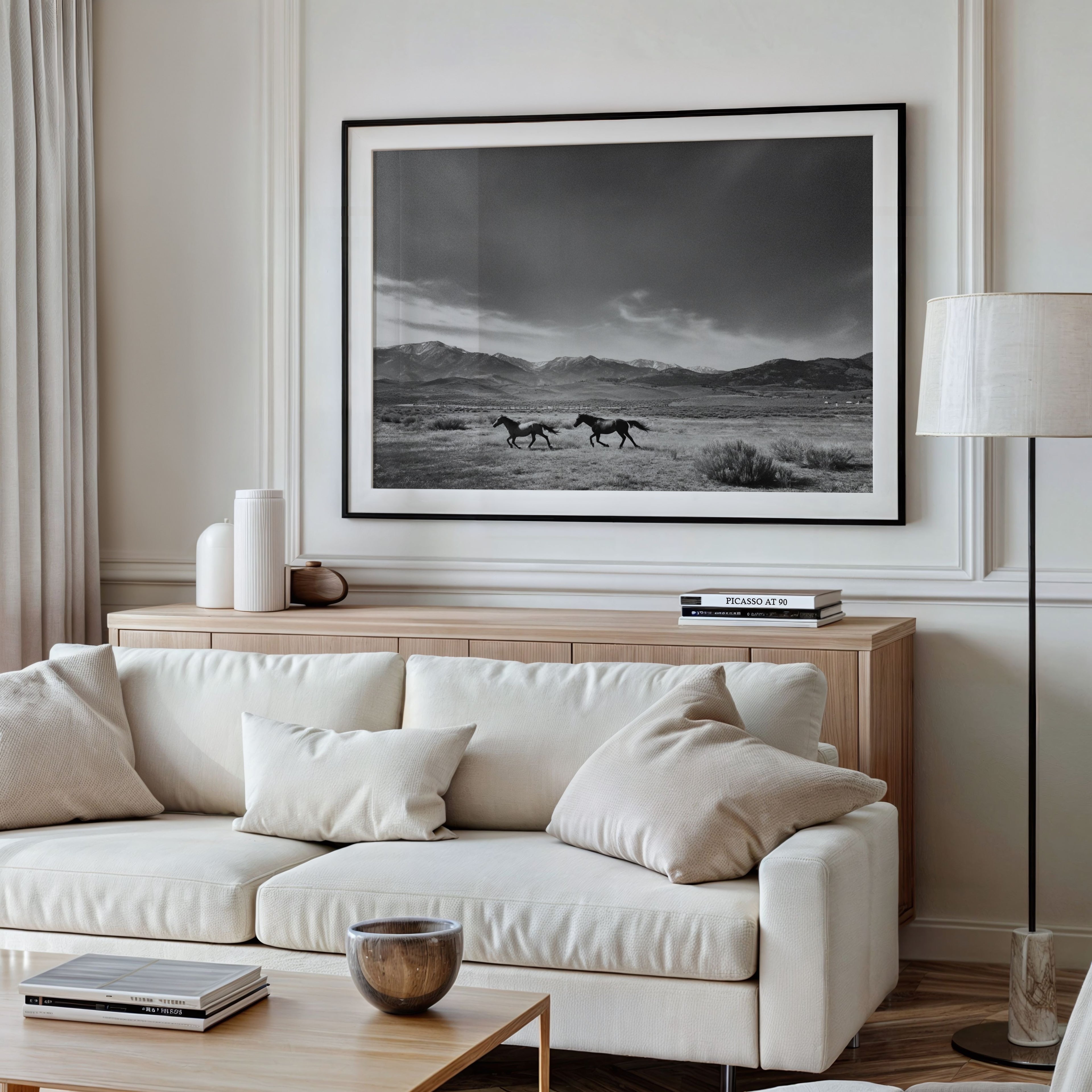 Living room with a white sofa, wooden coffee table, and large framed black and white landscape print on the wall.