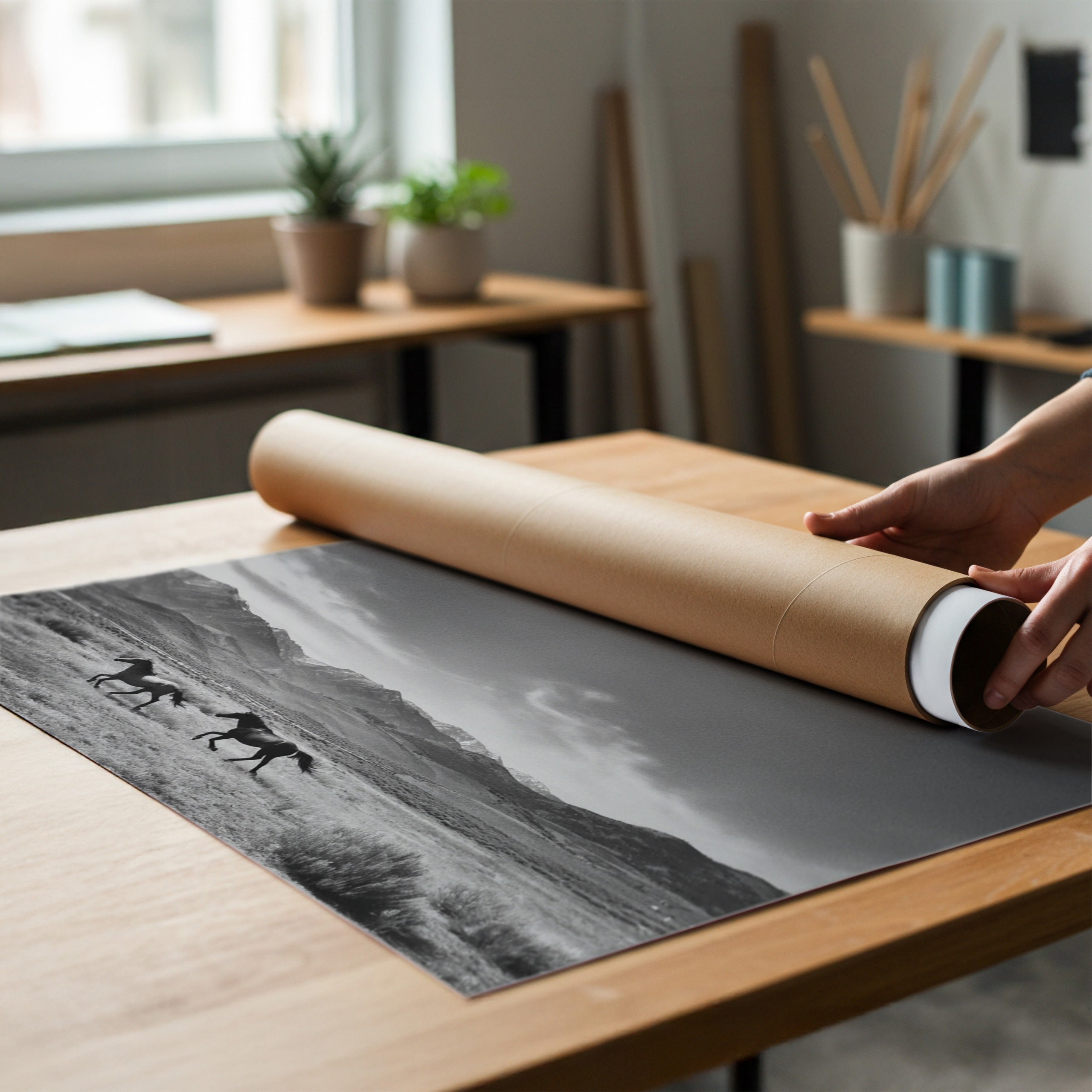 person unrolling black and white poster print from poster tube