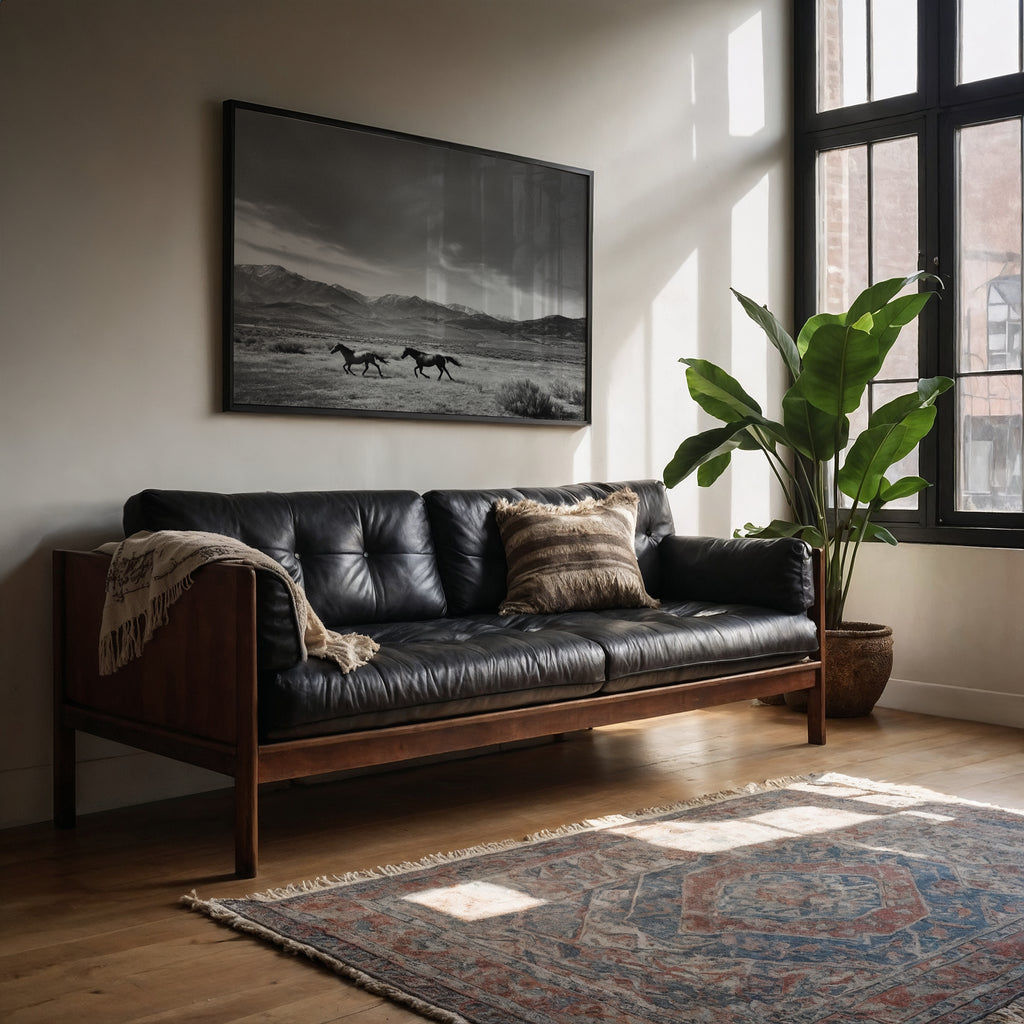 framed black and white wall art hanging above black leather couch in living room