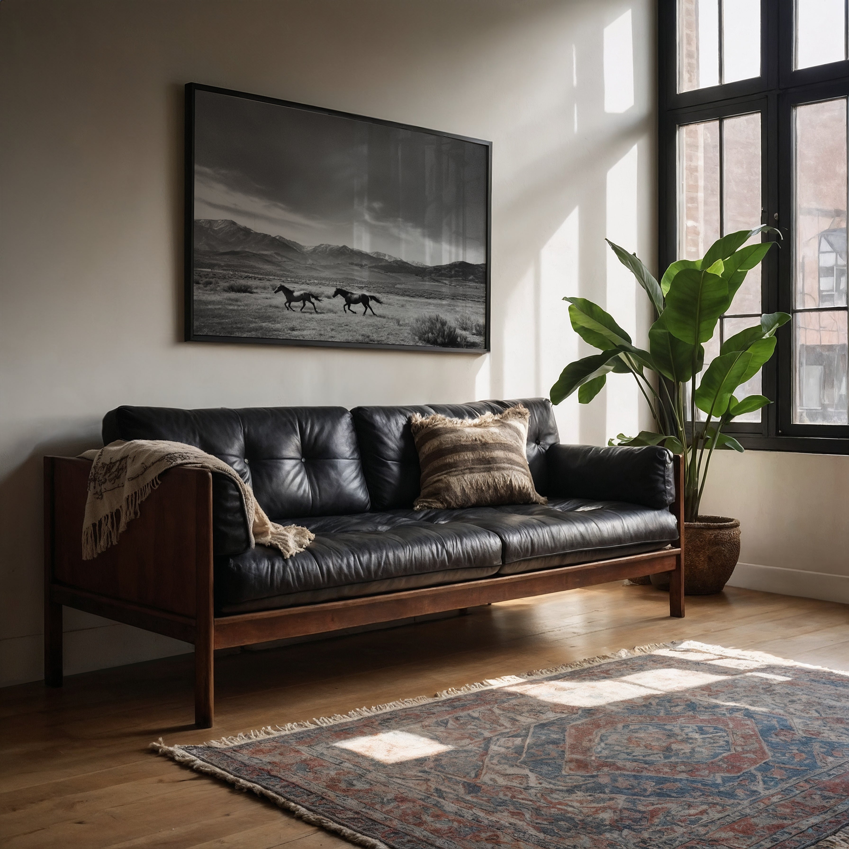 framed black and white wall art hanging above black leather couch in living room