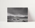 Two horses running in a desert landscape with mountains under a stormy sky.