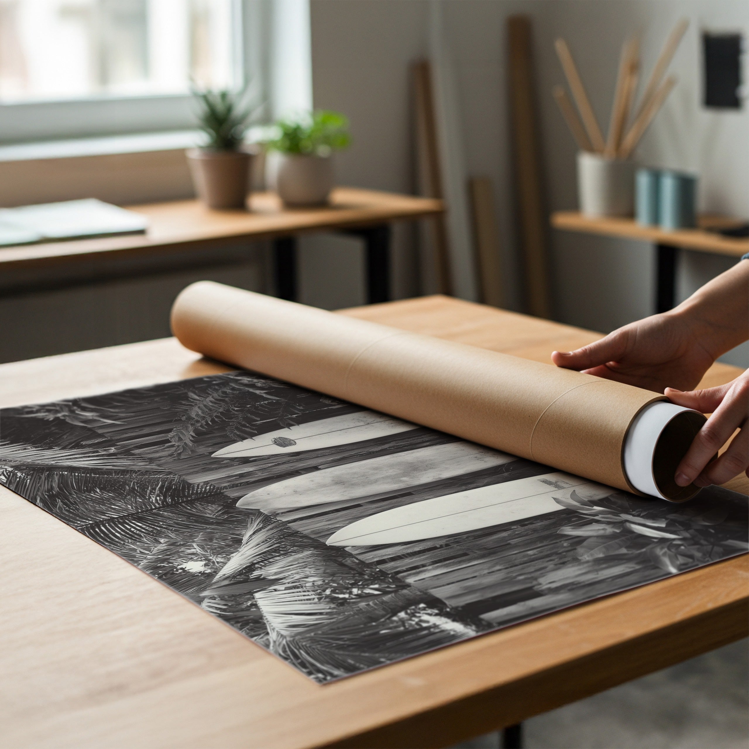 person unrolling black and white beach break wall art print from poster tube