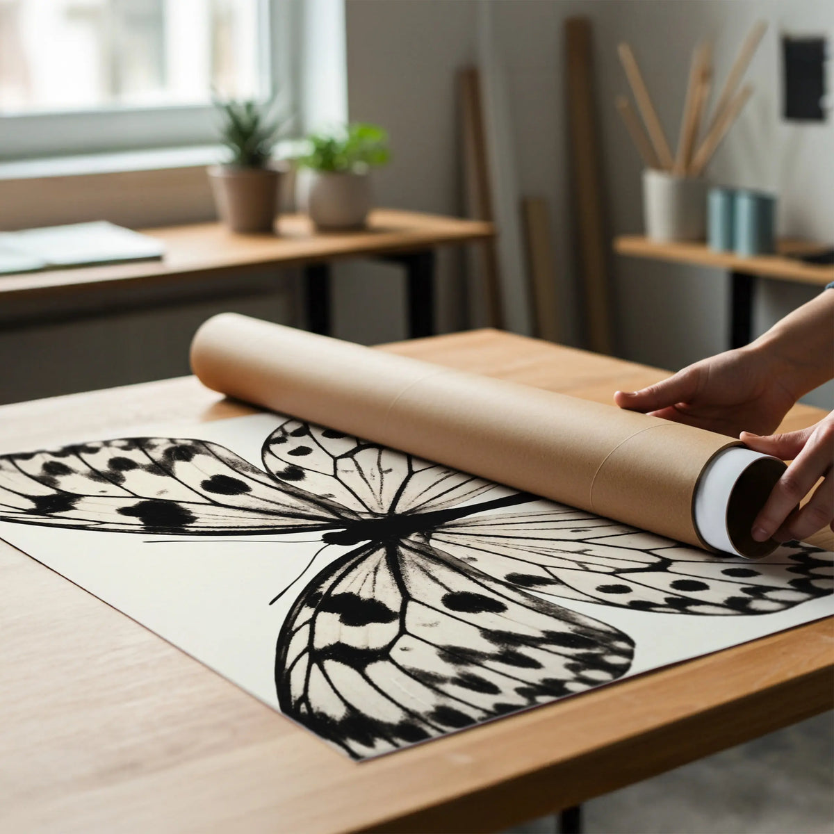 A person's hands are shown unrolling a large black and white butterfly art print from its brown cardboard mailing tube on a wooden table in a bright, modern room.