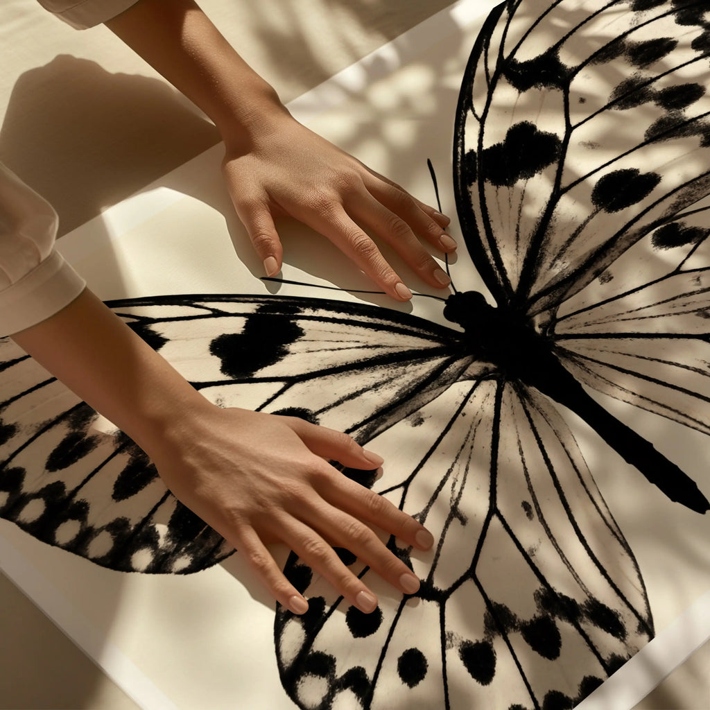 hands touching a large black and white poster print of butterly