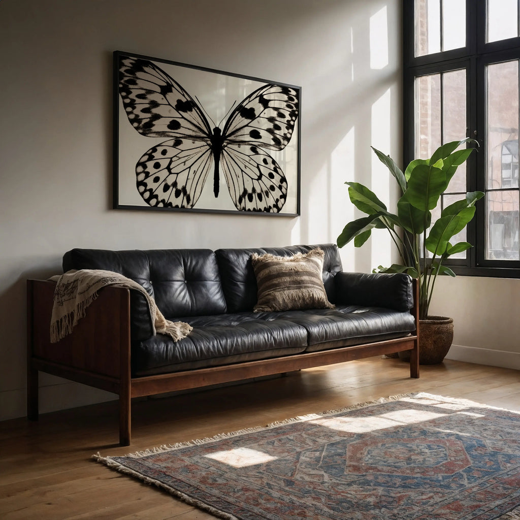 A black leather tufted sofa with a dark wood frame in a bright living room, styled with a patterned throw pillow, a cream throw blanket, a large potted plant, and a framed black-and-white butterfly wall art piece above.