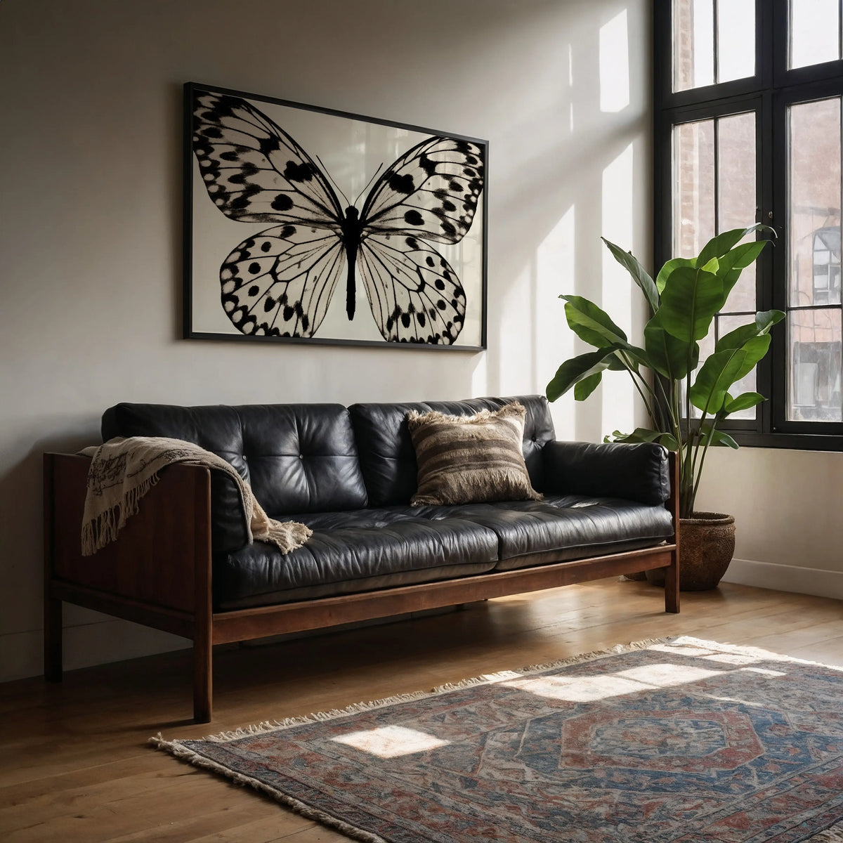 A black leather tufted sofa with a dark wood frame in a bright living room, styled with a patterned throw pillow, a cream throw blanket, a large potted plant, and a framed black-and-white butterfly wall art piece above.