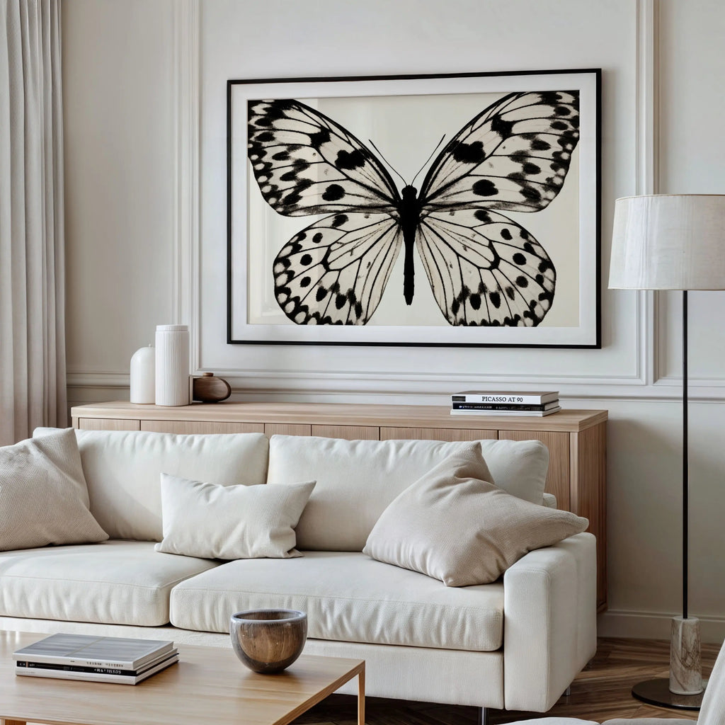 A large framed black and white butterfly art print hangs on a light beige wall above a cream sofa in a modern living room setting.