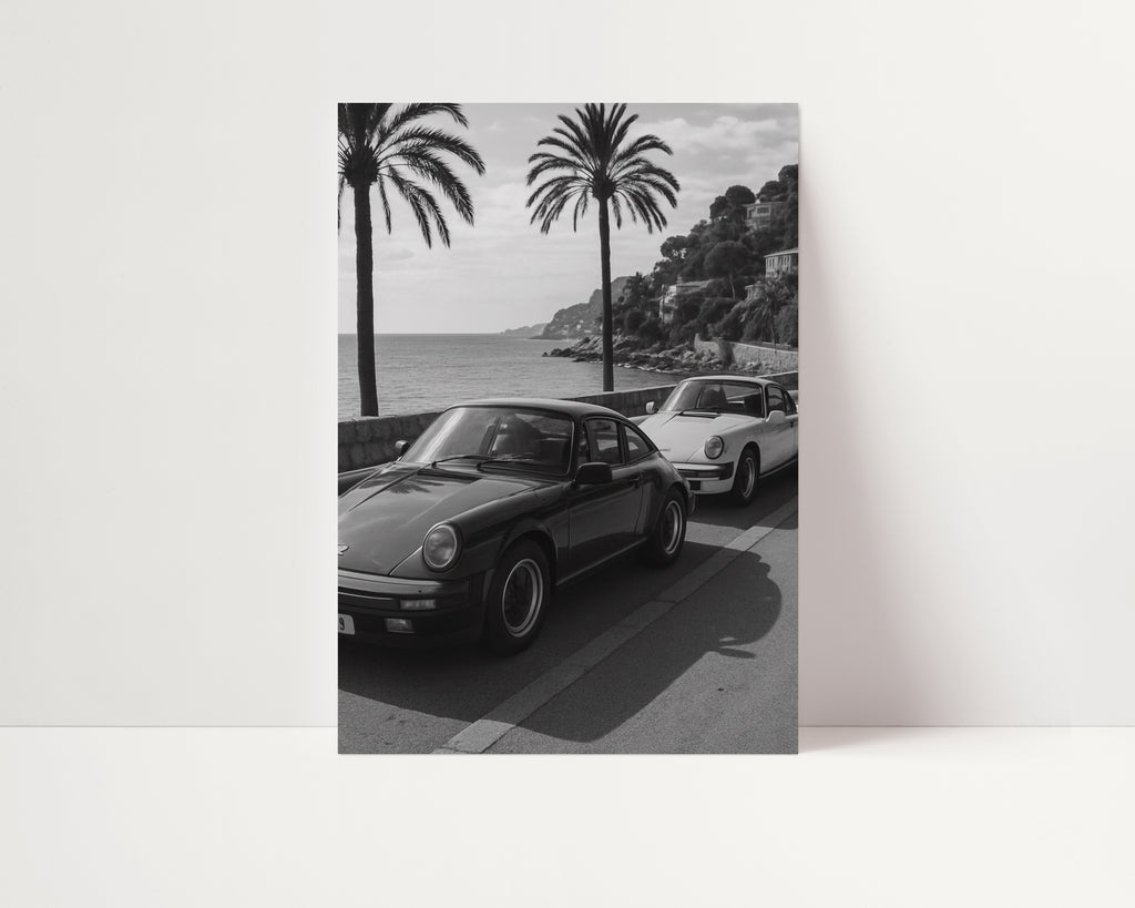 Two classic cars parked by a scenic coastal road with palm trees.