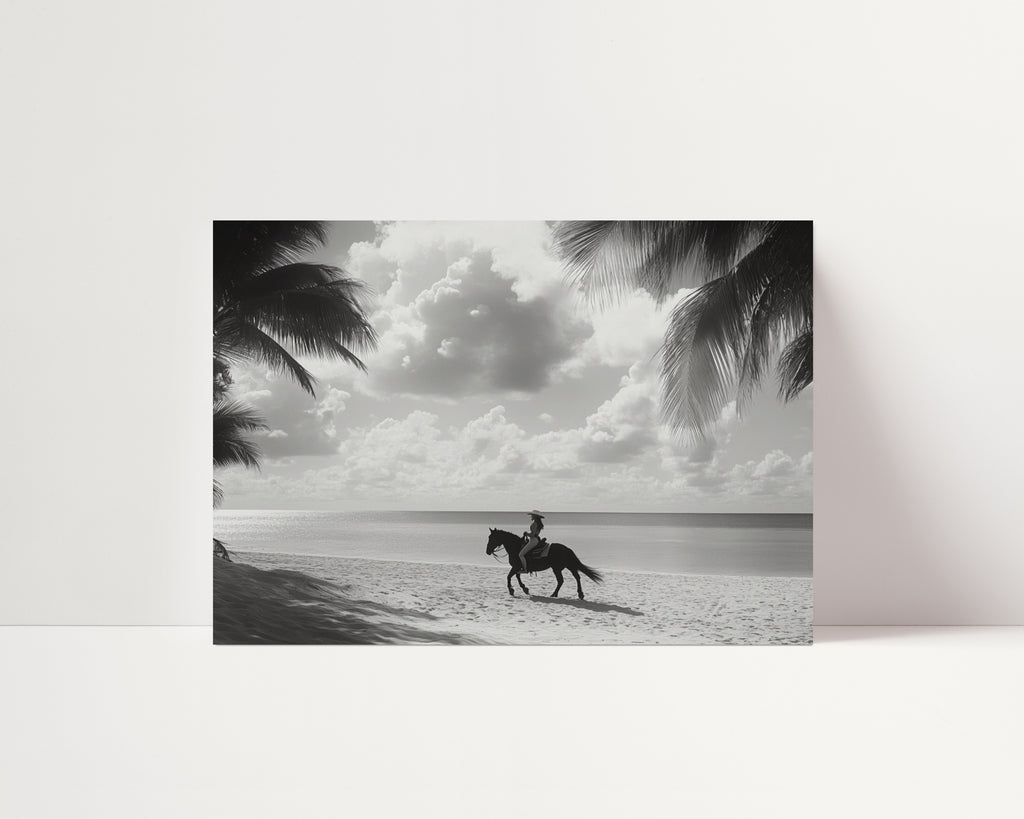 coastal cowgirl riding horse on the beach with palm trees and cloudy skys