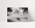 coastal cowgirl riding horse on the beach with palm trees and cloudy skys