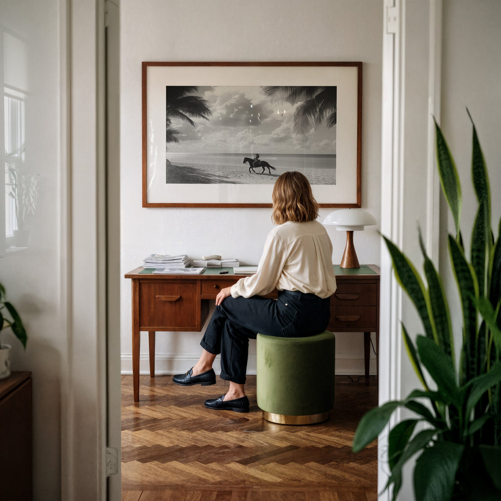 lady sitting in aesthetically pleasing office admiring black and white poster print of coastal cowgirl