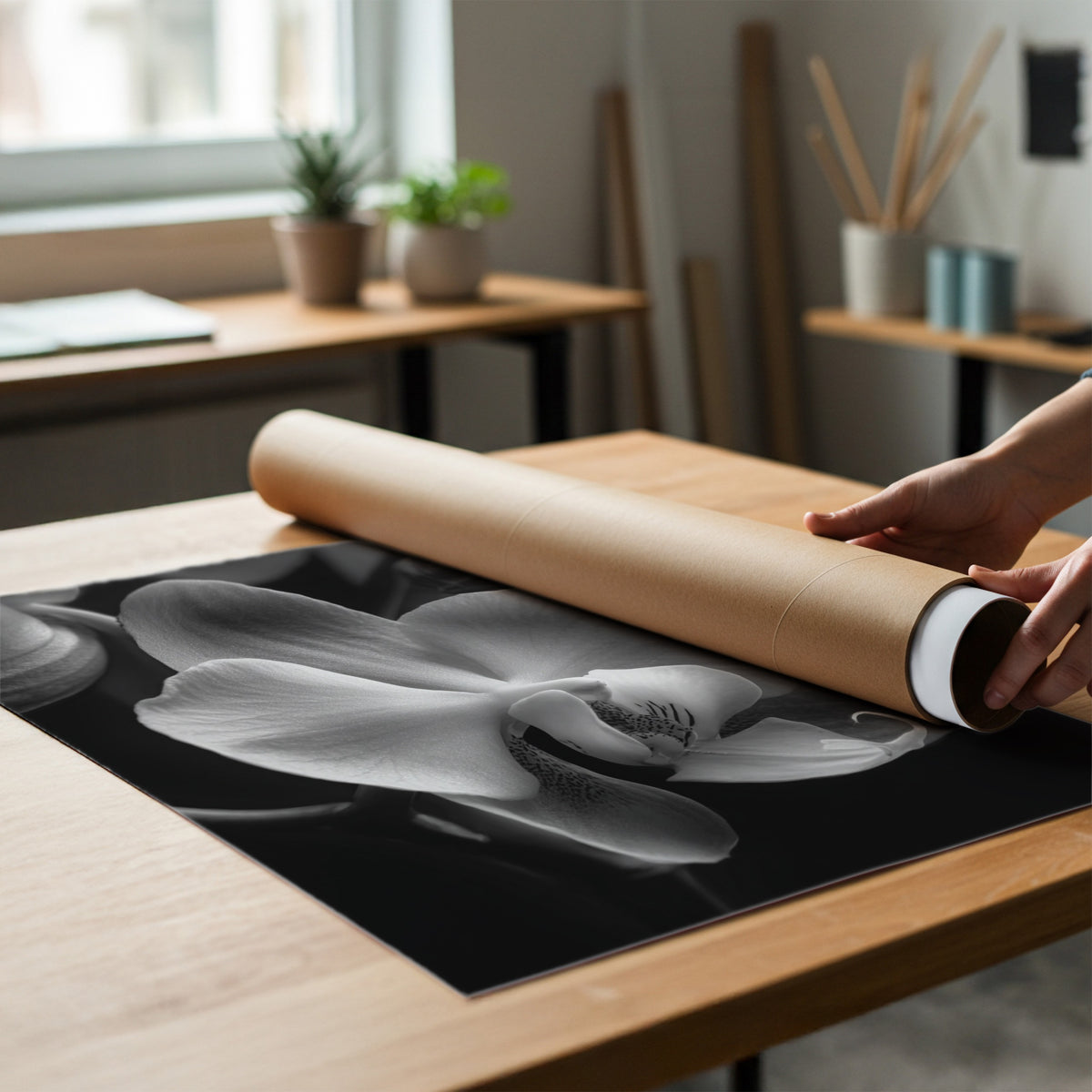 black and white floral poster being unrolled from poster tube