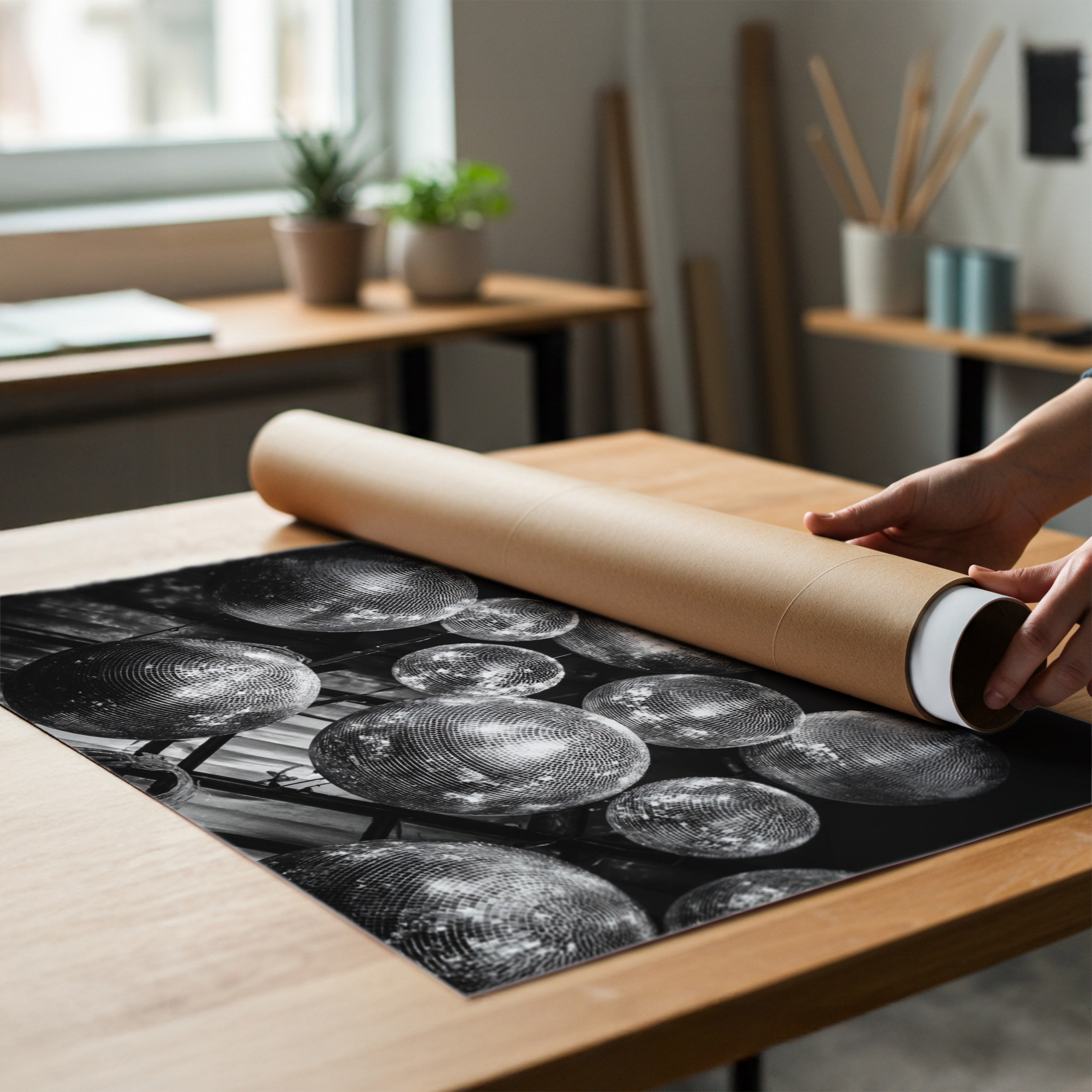 person unrolling printed and ship black and white vintage poster print from poster tube