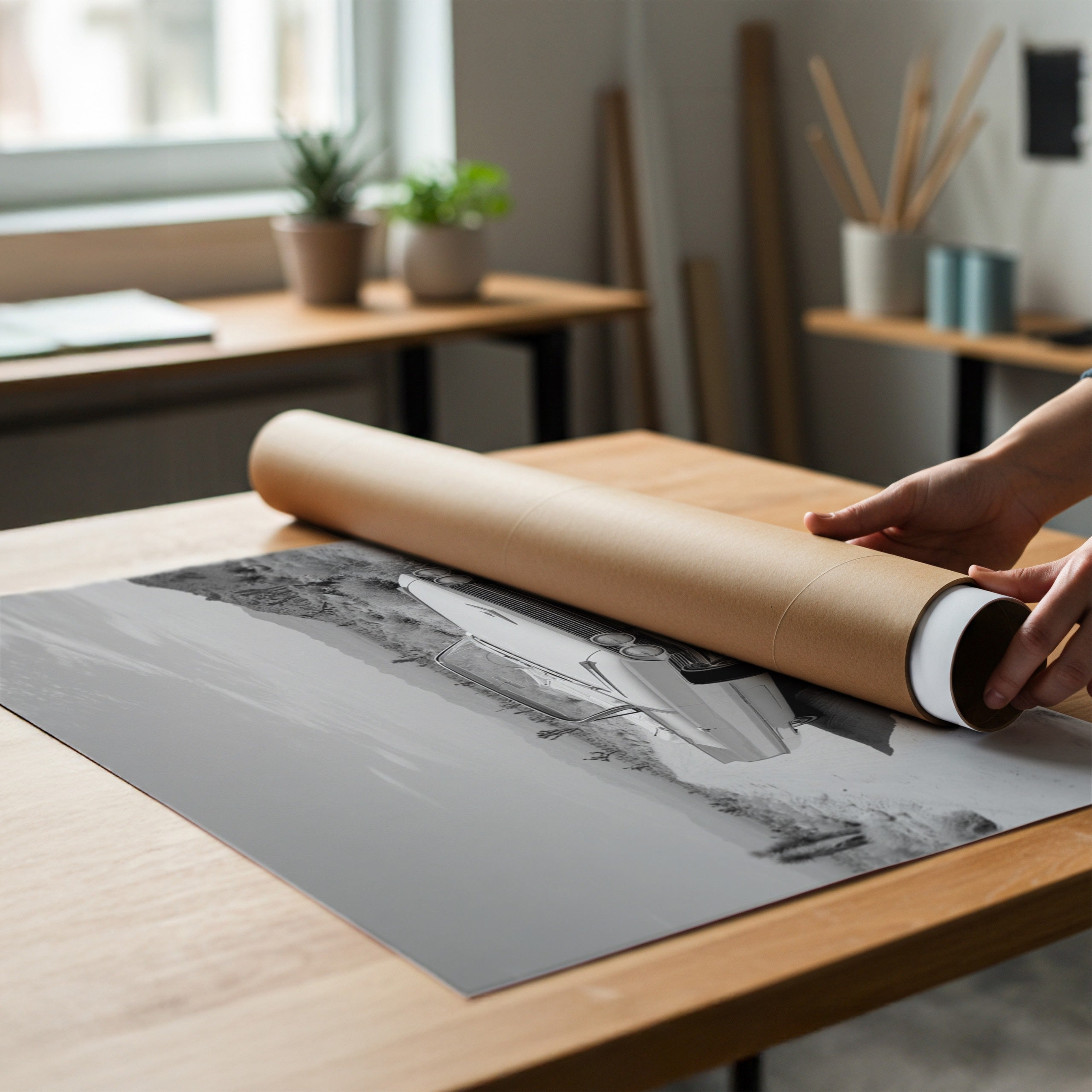 hands rolling out black and white dust and dreams poster print from poster tube