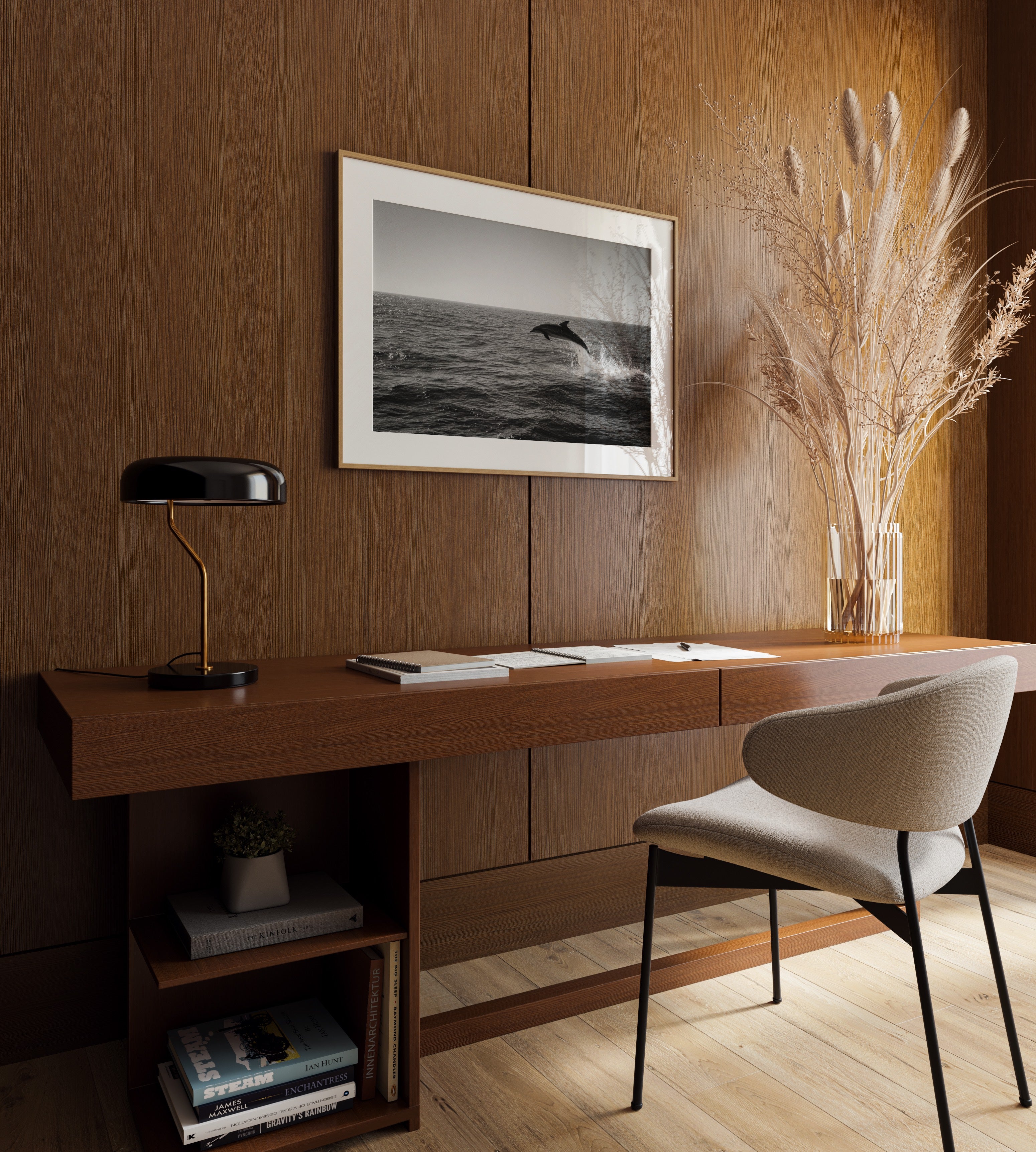 framed black and white flipper poster print hanging above desk in modern office