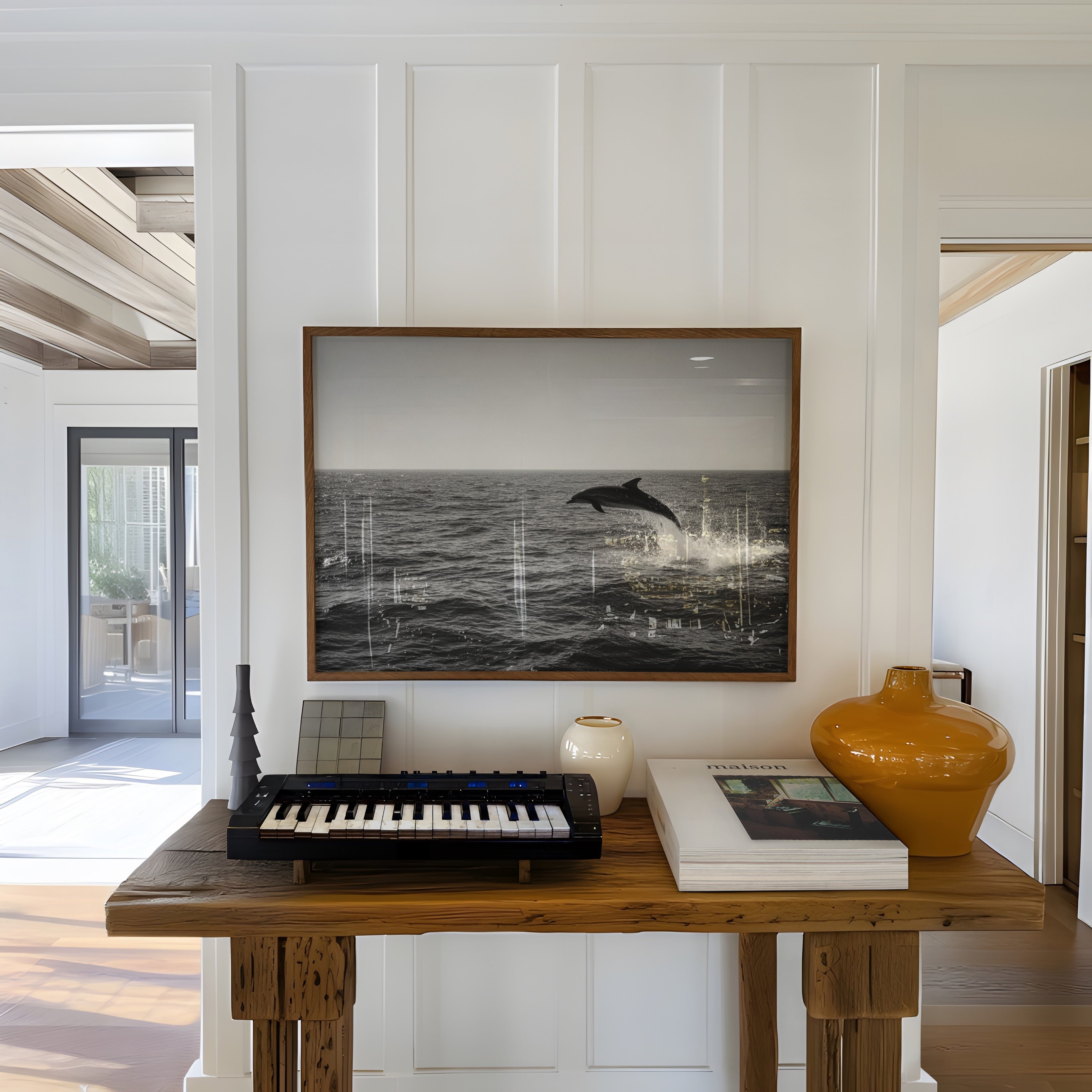 framed black and white flipper poster print hanging on wall in entryway above wooden table with keyboard and coffee table books