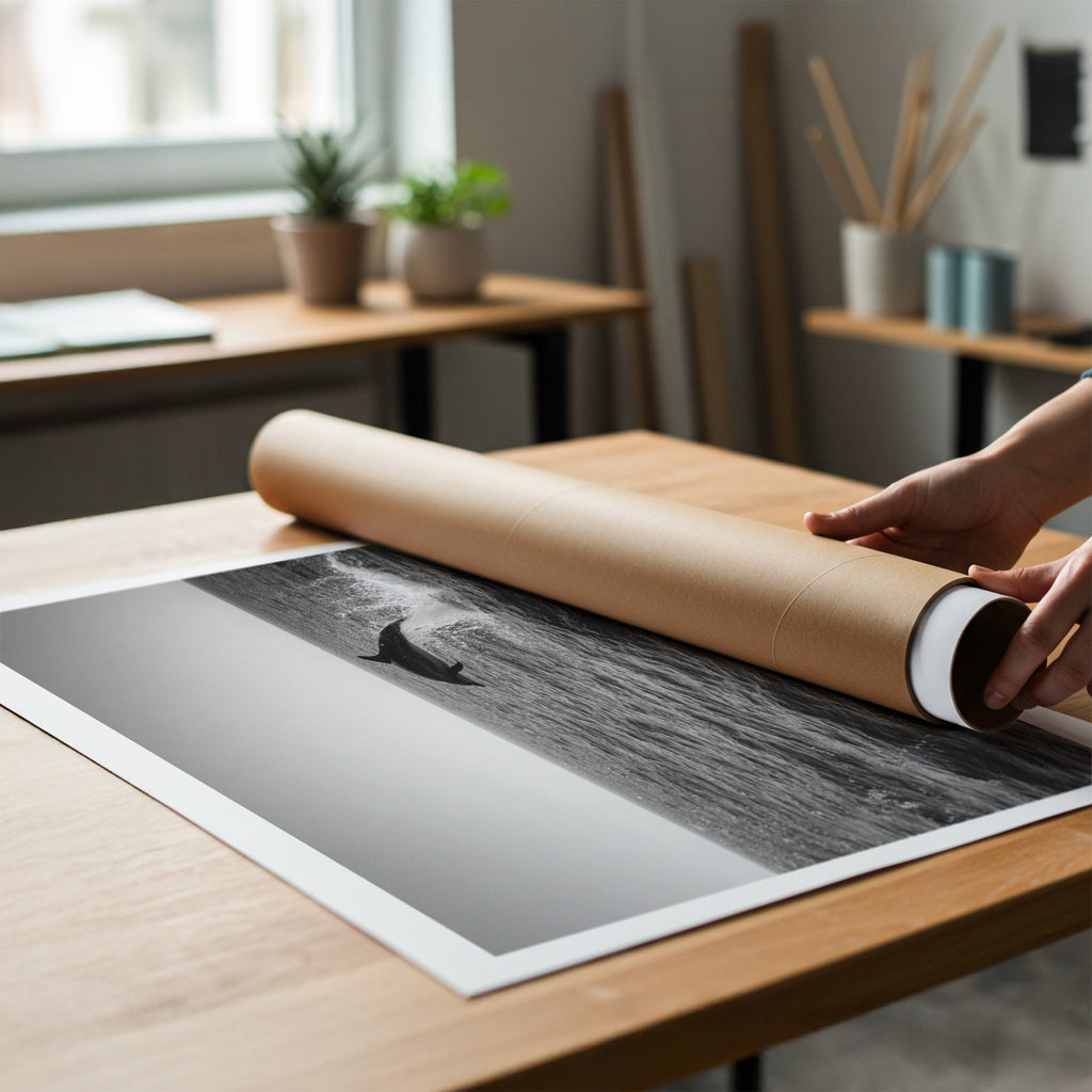hands unrolling black and white cool poster print from poster tube