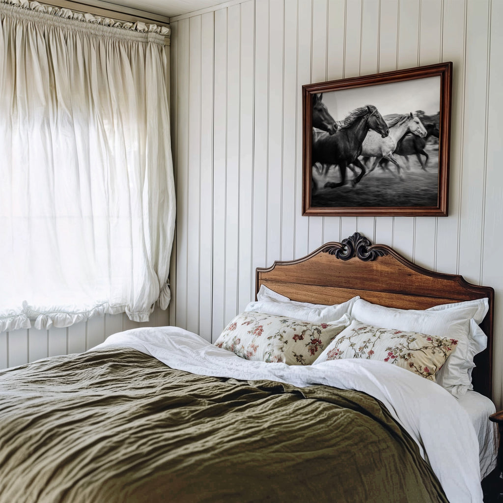 Farmhouse Bedroom with wooden headboard, floral pillows, and Framed black and white freedom poster print above bed
