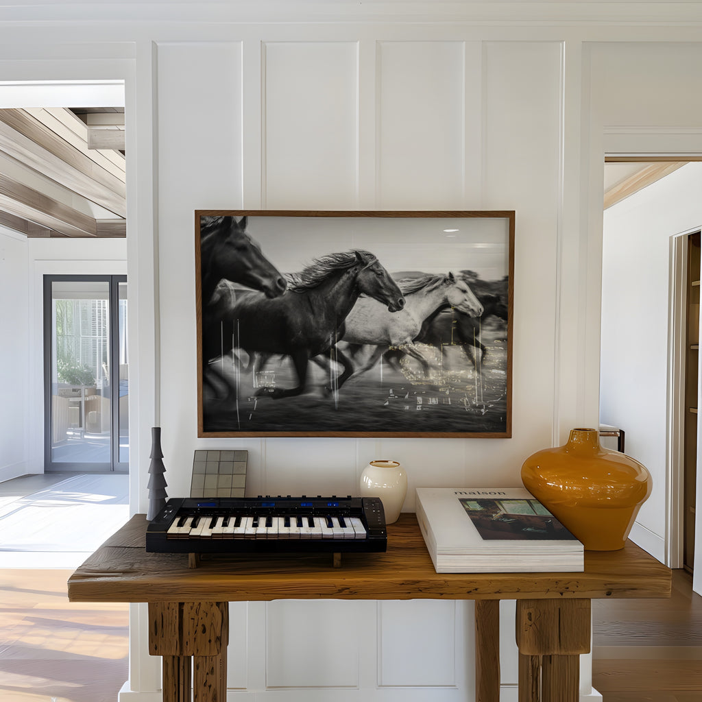 Wooden table with keyboard, books, and vases in a room with Framed black and white freedom poster print hanging on wall