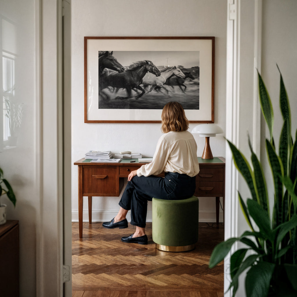 Person sitting on a green stool in front of a desk with a large Framed black and white freedom poster print hanging on wall