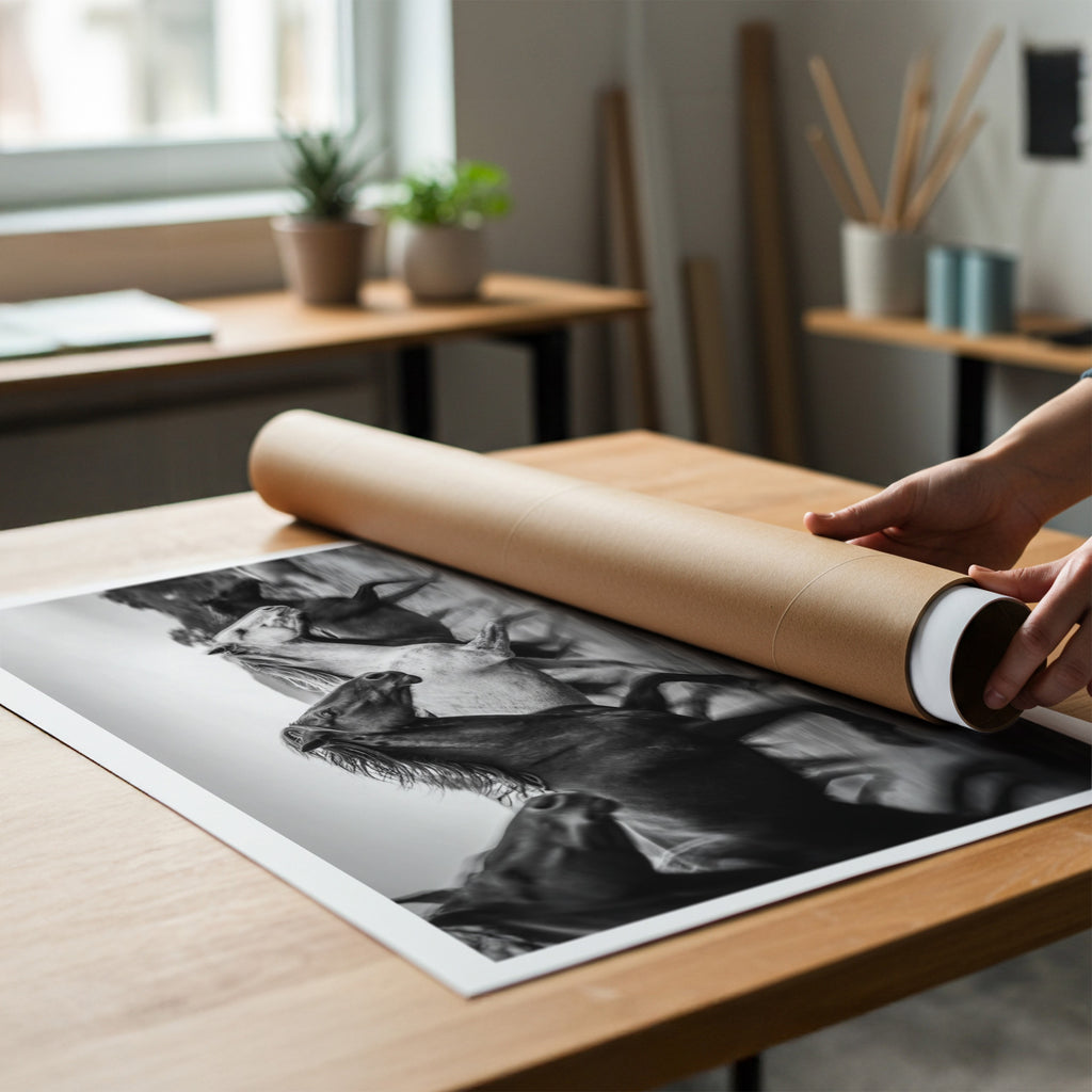 Person unrolling a large black and white print on a wooden table in a room with plants and furniture.