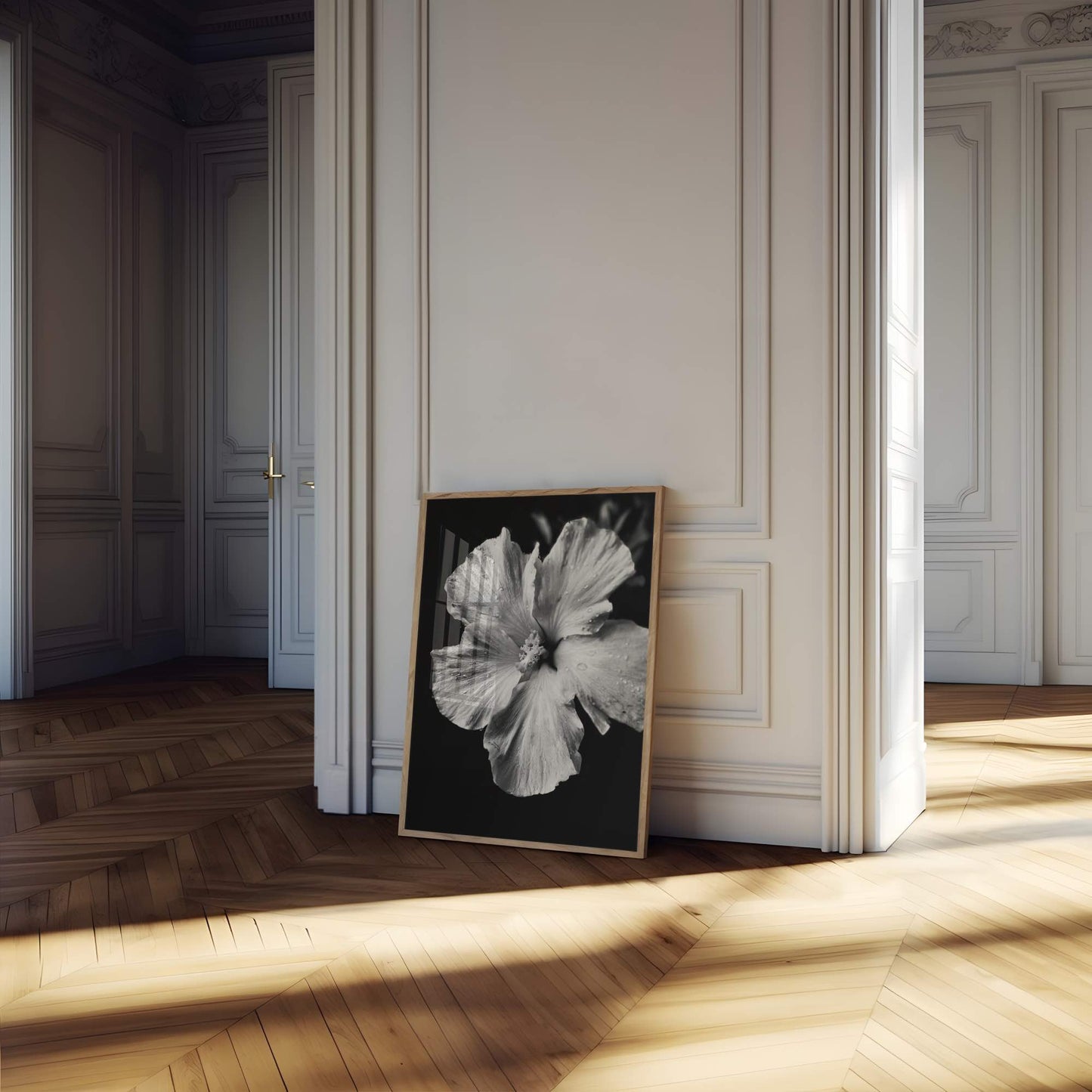 Dew-Kissed Hibiscus - Black and White Poster Print | Monochrome Wall Art | Digital Download or Physical Print