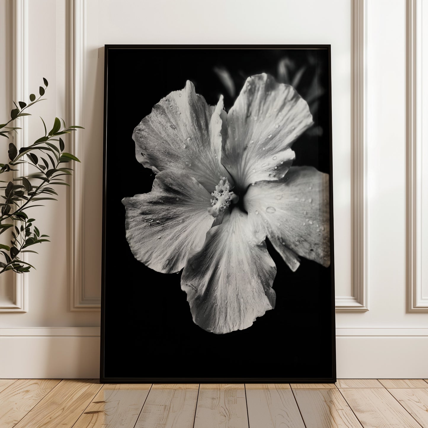 Dew-Kissed Hibiscus - Black and White Poster Print | Monochrome Wall Art | Digital Download or Physical Print