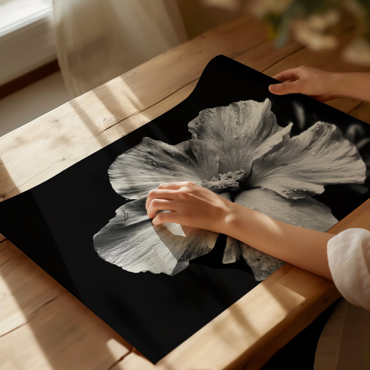 Dew-Kissed Hibiscus - Black and White Poster Print | Monochrome Wall Art | Digital Download or Physical Print