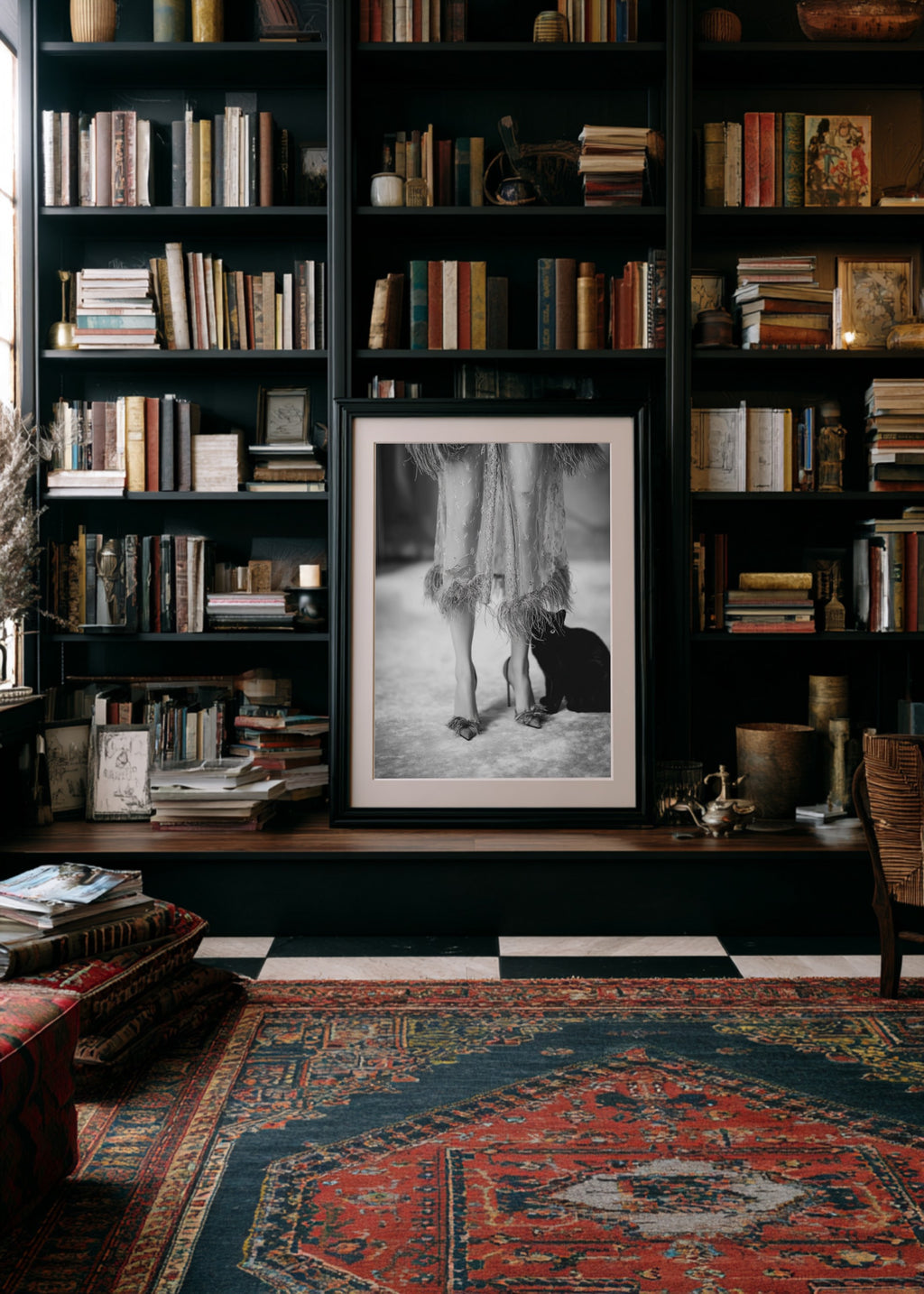 old money library Bookshelf with books and a framed black and white kitty kitty poster print in a room with a patterned rug.