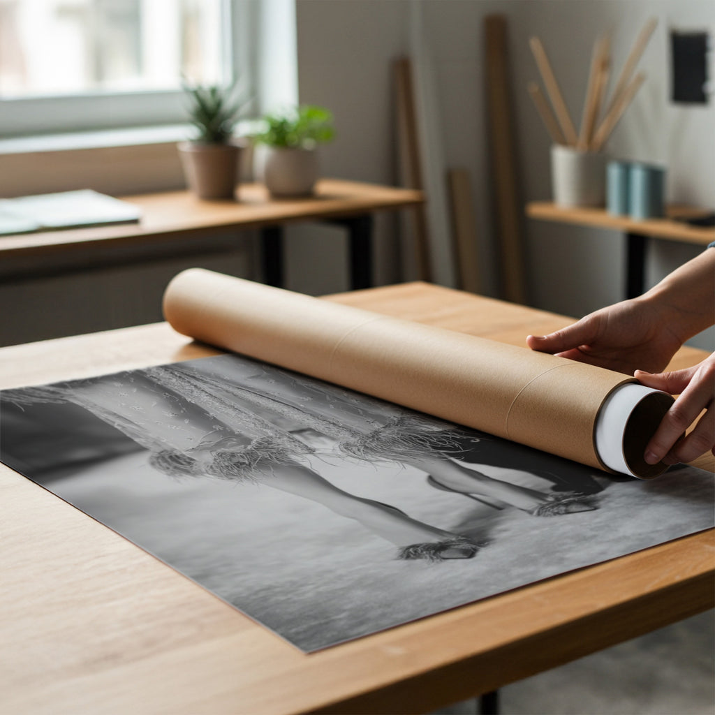 Person unrolling a large black and white print on a wooden table in a room with plants and furniture.