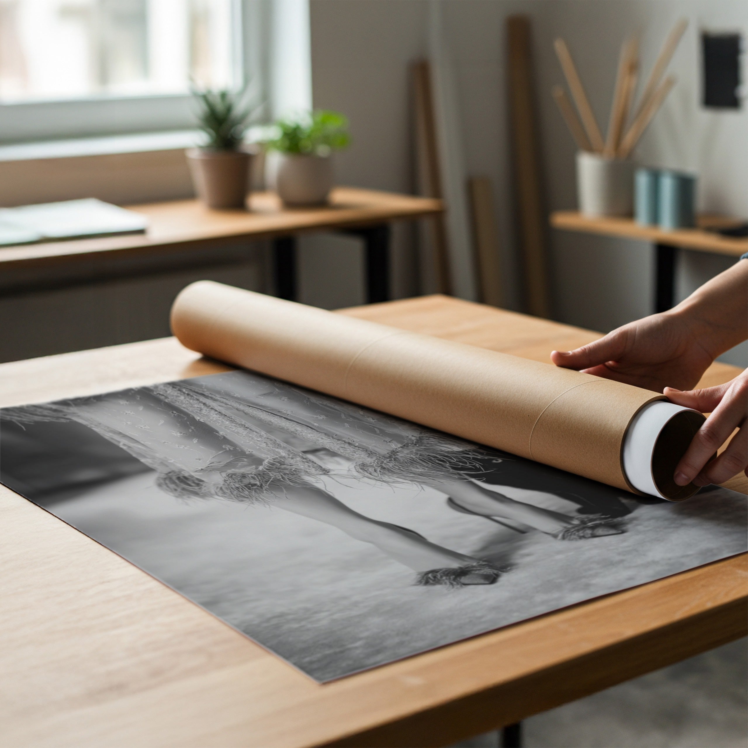 Person unrolling a large black and white print on a wooden table in a room with plants and furniture.
