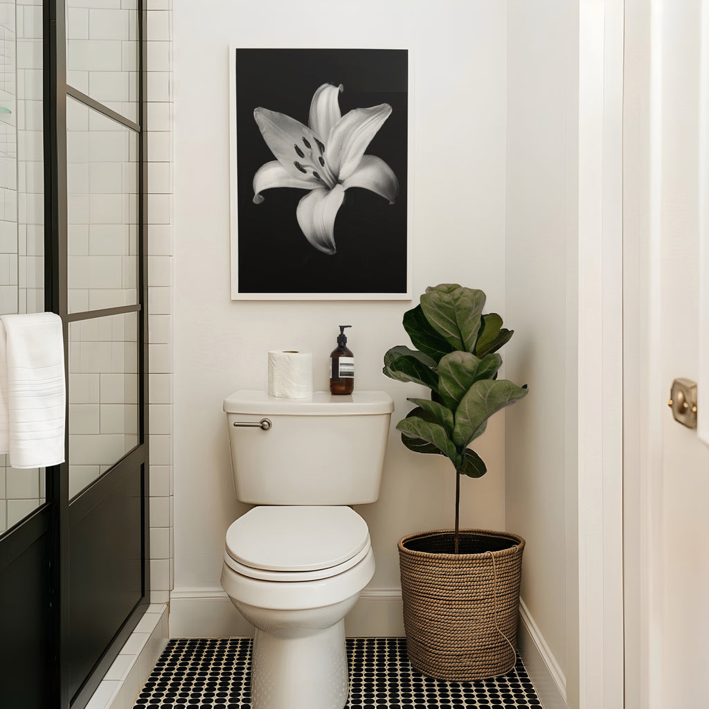 black and white floral wall art over toilet decor