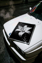 White car with a black and white flower poster on the hood