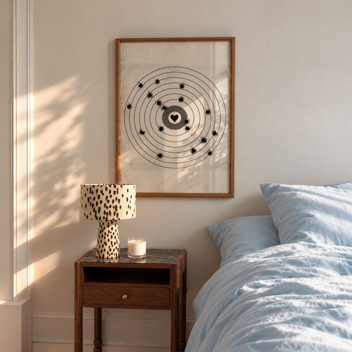 A framed moving target wall art print featuring a black bullseye with a heart at the center hanging in bedroom over nightstand