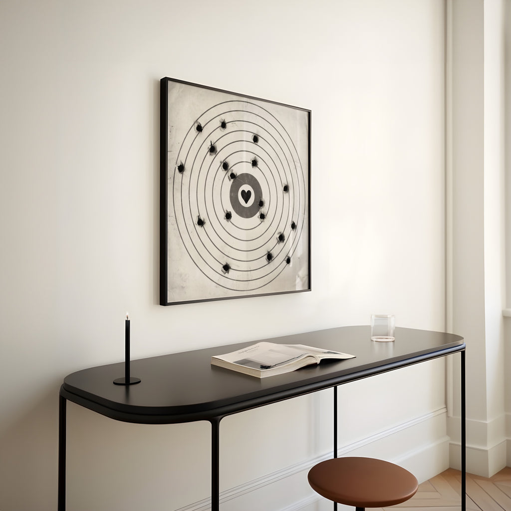 A framed moving target wall art print featuring a black bullseye with a heart at the center hanging in entryway above console