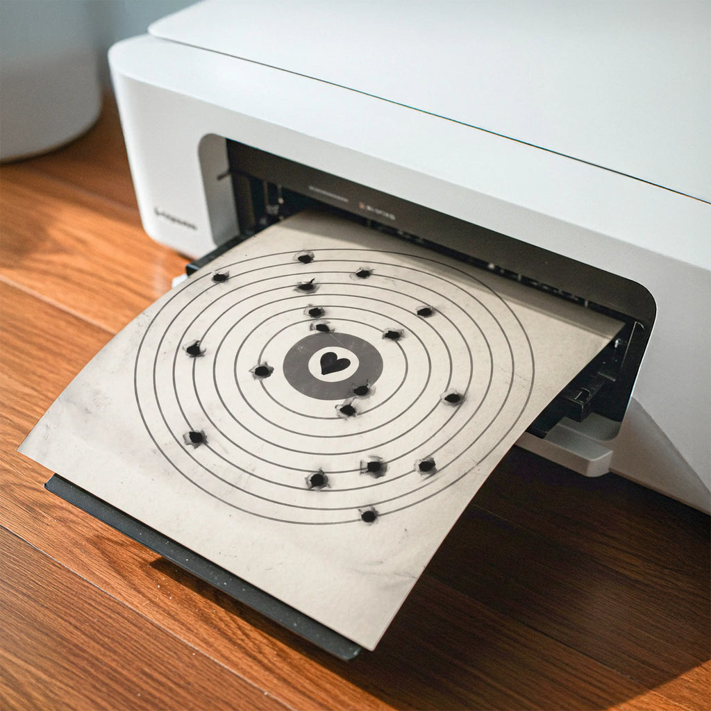 A white printer printing at home digital download of poster print moving target