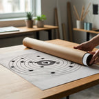 A person unrolls a large black and white poster print, placed on a wooden table in a bright, modern room.