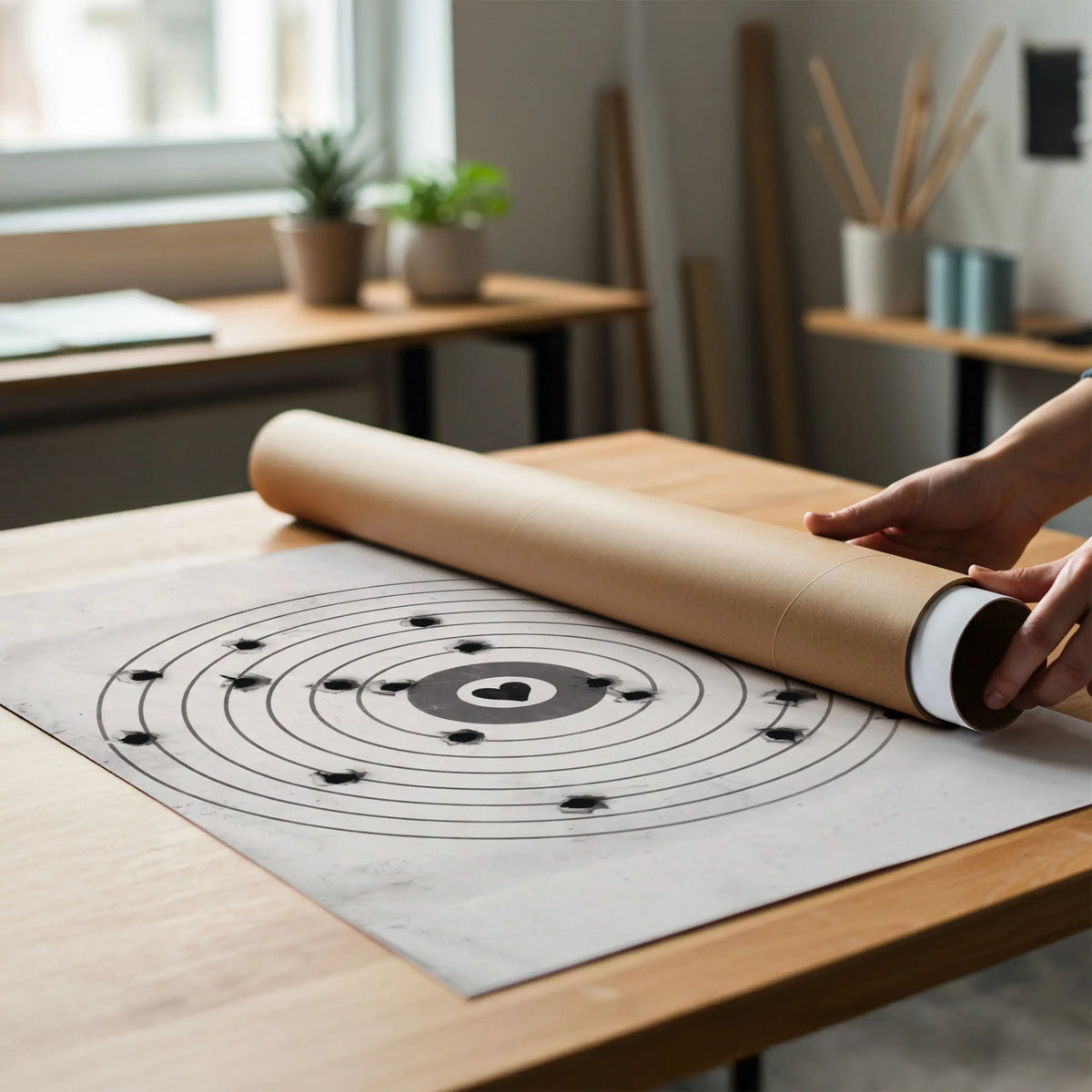 A person unrolls a large black and white poster print, placed on a wooden table in a bright, modern room.